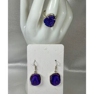 💜💙 Purple Druzy Quartz Ring‎ & Agate Earring Set